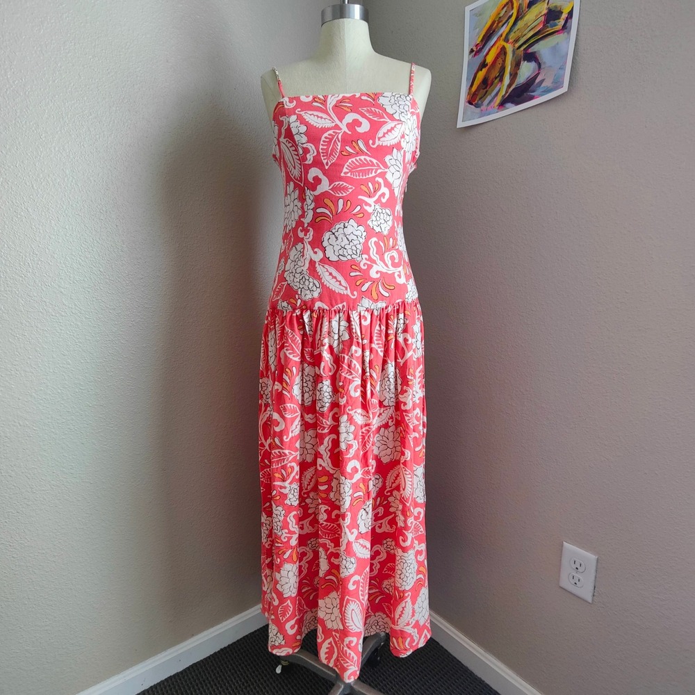 Zara ZW Collection Women Coral Floral Linen Blend Drop Waist Maxi Dress XS NWT